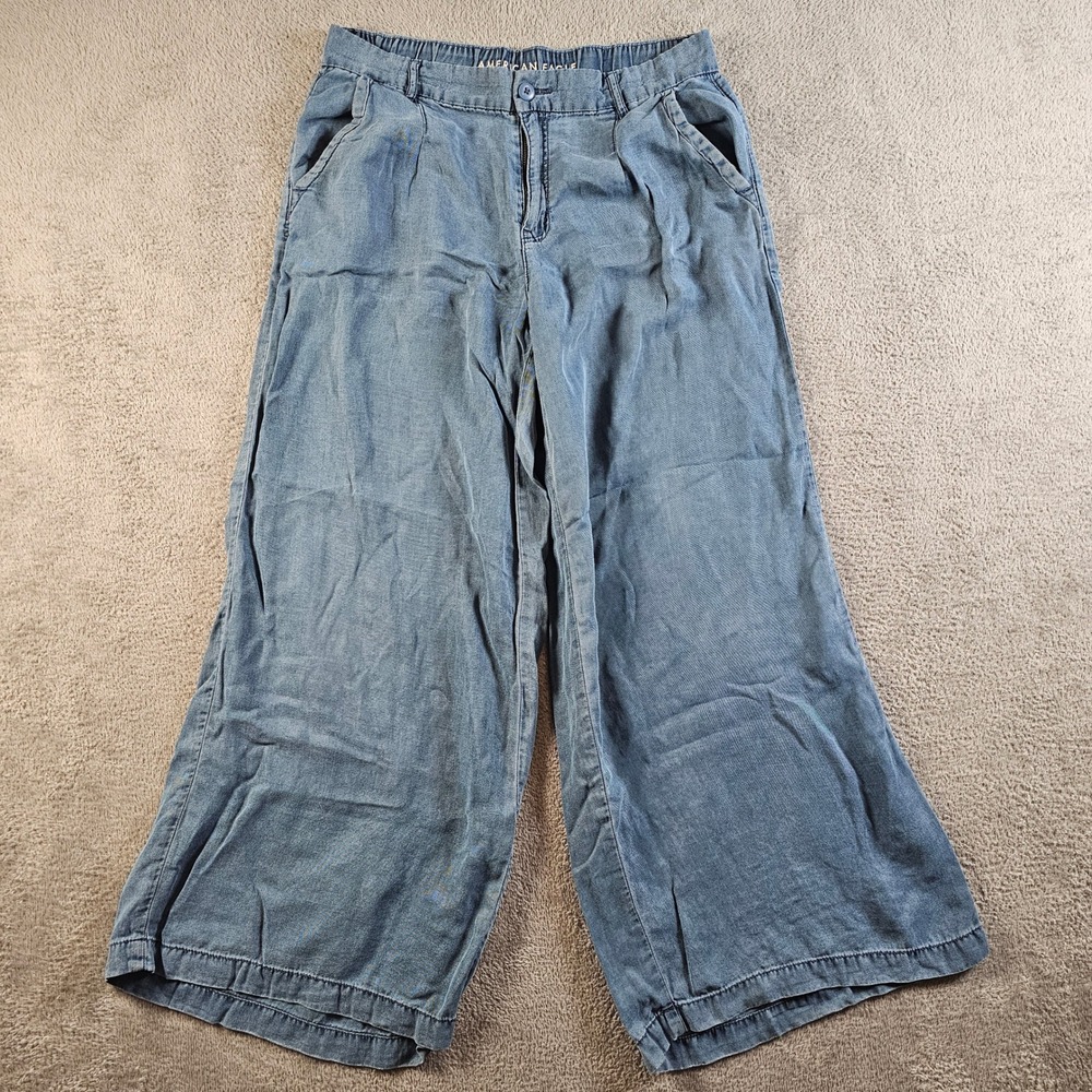 American Eagle High Rise Trouser Pants Womens 10S Short Blue Lyocell Wide Leg